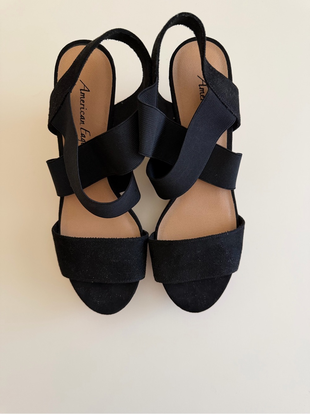 American Eagle Outfitters 9.5 Black Elastic Crossover Sandal Wedge Heels VGUC